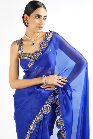 Vvani By Vani Vats-Royal Blue Mirror Scallop Saree With Blouse-INDIASPOPUP.COM