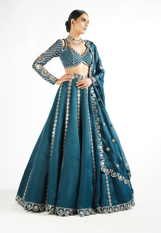 Vvani By Vani Vats-Dark Teal Flower Linear Lehenga Set-INDIASPOPUP.COM