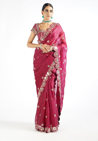 Vvani By Vani Vats-Wine Mirror Saree With Blouse-INDIASPOPUP.COM
