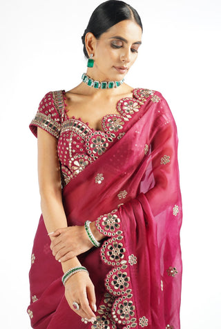 Vvani By Vani Vats-Wine Mirror Saree With Blouse-INDIASPOPUP.COM
