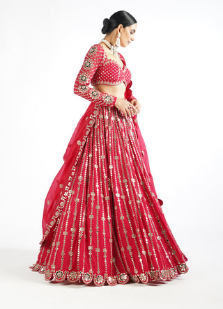 Vvani By Vani Vats-Crimson Red Linear Lehenga Set-INDIASPOPUP.COM