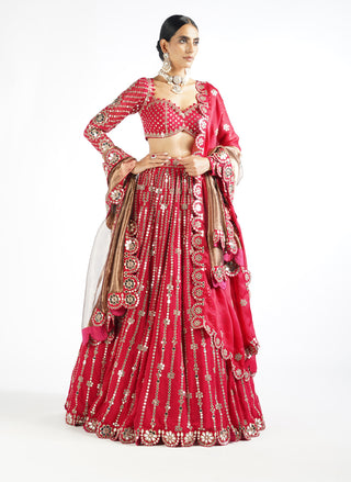 Vvani By Vani Vats-Crimson Red Linear Lehenga Set-INDIASPOPUP.COM