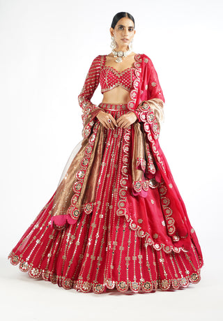 Vvani By Vani Vats-Crimson Red Linear Lehenga Set-INDIASPOPUP.COM