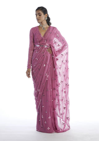 Vvani By Vani Vats-Dark Blush Mirror Cut Work Saree-INDIASPOPUP.COM