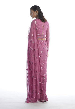Vvani By Vani Vats-Dark Blush Mirror Cut Work Saree-INDIASPOPUP.COM