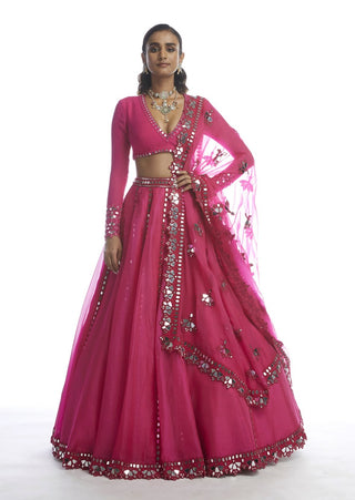 Vvani By Vani Vats-Peacock Pink Mirror Lehenga Set-INDIASPOPUP.COM