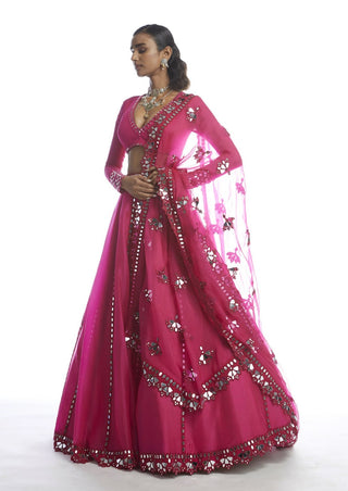 Vvani By Vani Vats-Peacock Pink Mirror Lehenga Set-INDIASPOPUP.COM