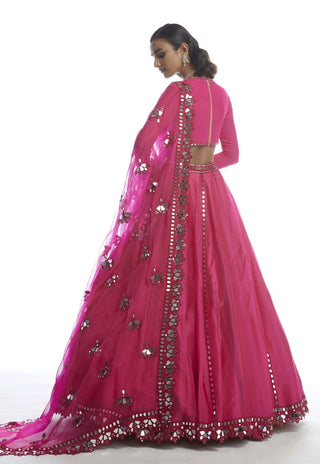 Vvani By Vani Vats-Peacock Pink Mirror Lehenga Set-INDIASPOPUP.COM