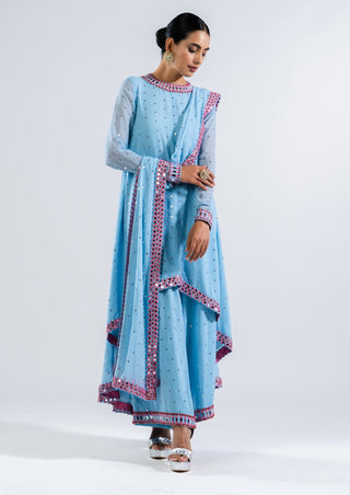Vvani By Vani Vats-Ice Blue Asymmetrical Kurta Set-INDIASPOPUP.COM