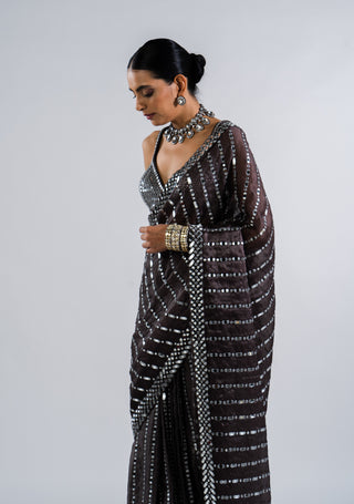 Vvani By Vani Vats-Charcoal Grey Pre-Draped Sari With Metallic Blouse-INDIASPOPUP.COM