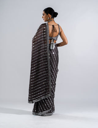 Vvani By Vani Vats-Charcoal Grey Pre-Draped Sari With Metallic Blouse-INDIASPOPUP.COM