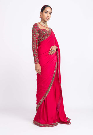 Vvani By Vani Vats-Red Sarin Saree Set-INDIASPOPUP.COM