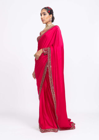 Vvani By Vani Vats-Red Sarin Saree Set-INDIASPOPUP.COM