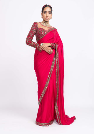 Vvani By Vani Vats-Red Sarin Saree Set-INDIASPOPUP.COM