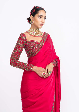Vvani By Vani Vats-Red Sarin Saree Set-INDIASPOPUP.COM