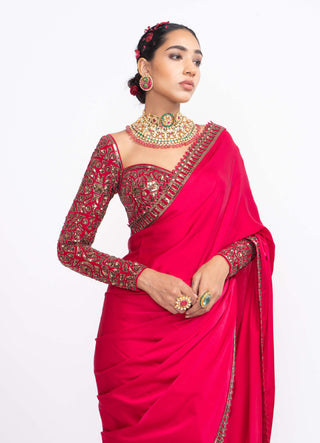 Vvani By Vani Vats-Red Sarin Saree Set-INDIASPOPUP.COM