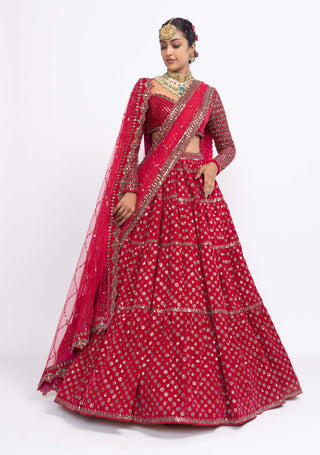 Vvani By Vani Vats-Red Floral Bridal Lehenga Set-INDIASPOPUP.COM