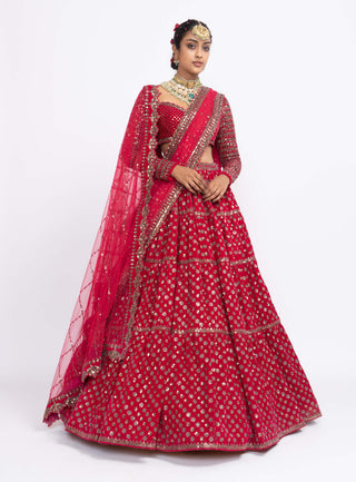 Vvani By Vani Vats-Red Floral Bridal Lehenga Set-INDIASPOPUP.COM