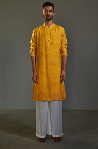 Saksham & Neharicka-Yellow Printed Cotton Silk Kurta-INDIASPOPUP.COM