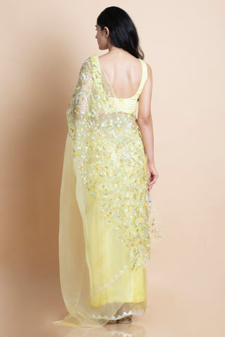 Saksham & Neharicka-Lime Yellow Embroidered Silk Organza Saree-INDIASPOPUP.COM