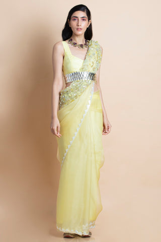 Saksham & Neharicka-Lime Yellow Embroidered Silk Organza Saree-INDIASPOPUP.COM
