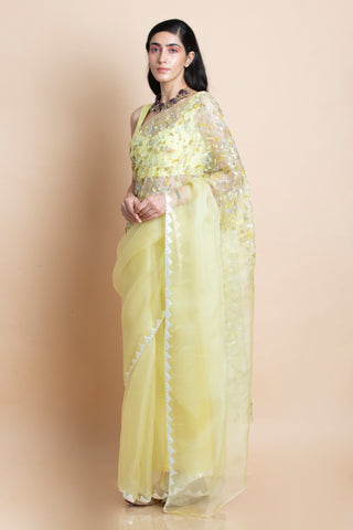 Saksham & Neharicka-Lime Yellow Embroidered Silk Organza Saree-INDIASPOPUP.COM