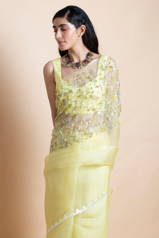 Saksham & Neharicka-Lime Yellow Embroidered Silk Organza Saree-INDIASPOPUP.COM