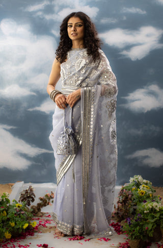 Saksham & Neharicka-Ice Blue Patchwork Sari And Unstitched Blouse-INDIASPOPUP.COM