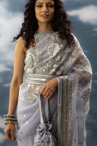 Saksham & Neharicka-Ice Blue Patchwork Sari And Unstitched Blouse-INDIASPOPUP.COM