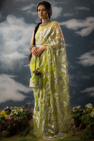 Saksham & Neharicka-Green Patchwork Sari With Unstitched Blouse-INDIASPOPUP.COM