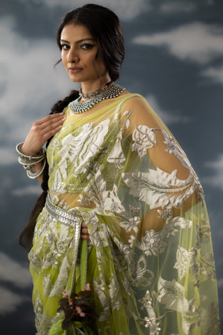 Saksham & Neharicka-Green Patchwork Sari With Unstitched Blouse-INDIASPOPUP.COM