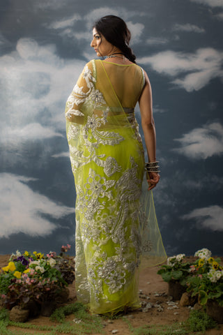 Saksham & Neharicka-Green Patchwork Sari With Unstitched Blouse-INDIASPOPUP.COM