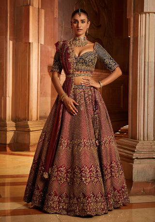 Nitika Gujral-Wine Tafetta Lehenga Set-INDIASPOPUP.COM