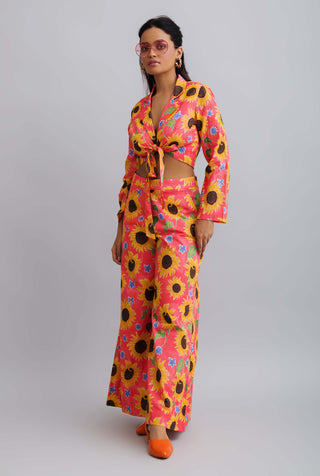 Nautanky-Sun Flower Print Tie Up Blazer With Flared Pants-INDIASPOPUP.COM