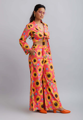Nautanky-Sun Flower Print Tie Up Blazer With Flared Pants-INDIASPOPUP.COM