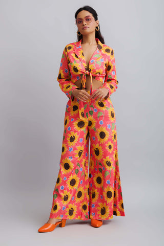 Nautanky-Sun Flower Print Tie Up Blazer With Flared Pants-INDIASPOPUP.COM