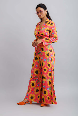 Nautanky-Sun Flower Print Tie Up Blazer With Flared Pants-INDIASPOPUP.COM