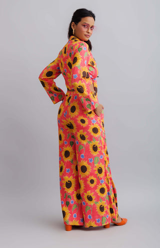 Nautanky-Sun Flower Print Tie Up Blazer With Flared Pants-INDIASPOPUP.COM