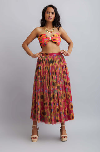 Nautanky-Sun Flower Tulle Skirt With Tie Up Bustier-INDIASPOPUP.COM