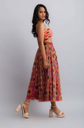 Nautanky-Sun Flower Tulle Skirt With Tie Up Bustier-INDIASPOPUP.COM