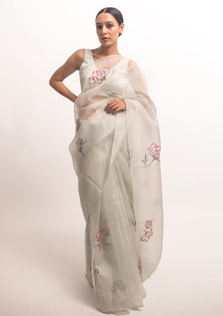 Kapardara-Ivory Painted Silk Organza Sari-INDIASPOPUP.COM