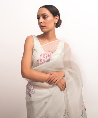 Kapardara-Ivory Painted Silk Organza Sari-INDIASPOPUP.COM