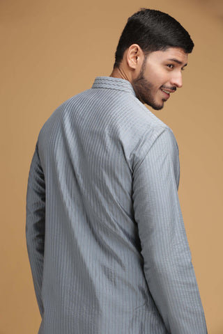 Chatenya Mittal-Grey Pintuck Kurta With Pant-INDIASPOPUP.COM