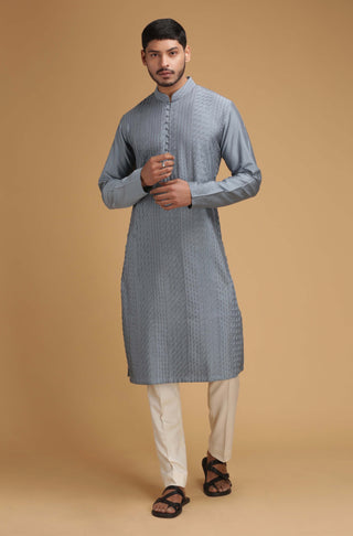 Chatenya Mittal-Grey Pintuck Kurta With Pant-INDIASPOPUP.COM