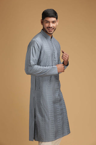Chatenya Mittal-Grey Pintuck Kurta With Pant-INDIASPOPUP.COM