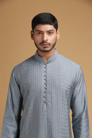 Chatenya Mittal-Grey Pintuck Kurta With Pant-INDIASPOPUP.COM