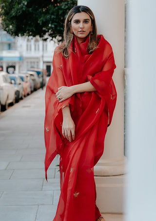 Kapardara-Scarlet Red Silk Organza Sari-INDIASPOPUP.COM