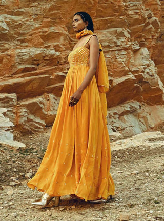 Ease-Mango Yellow Anarkali With Dupatta-INDIASPOPUP.COM