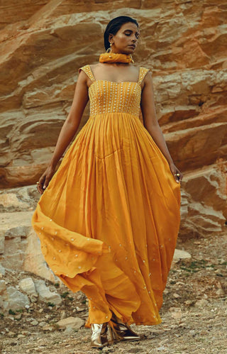 Ease-Mango Yellow Anarkali With Dupatta-INDIASPOPUP.COM
