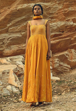 Ease-Mango Yellow Anarkali With Dupatta-INDIASPOPUP.COM